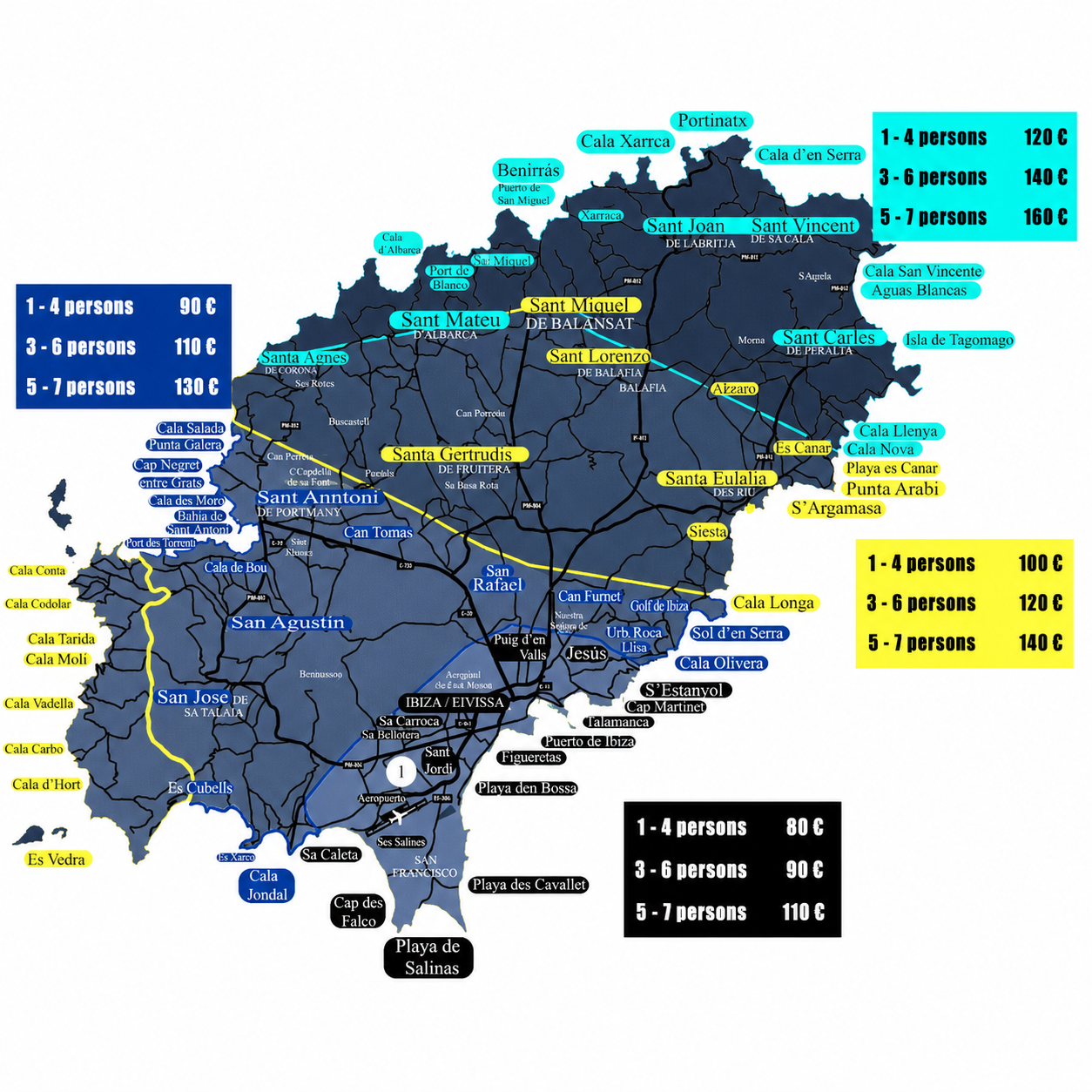 Ibiza transfer price map by zone — fixed one-way prices from Ibiza Airport