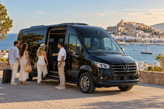 Black Mercedes minibus with chauffeur for group transfers in Ibiza